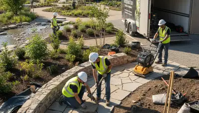Sarasota, FL tree service crew planning landscape design around mature coastal trees
