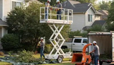 Sarasota, FL tree service crew removing overgrown shrubs from a residential yard