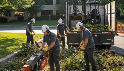Sarasota, FL tree service crew removing overgrown shrubs from a residential yard