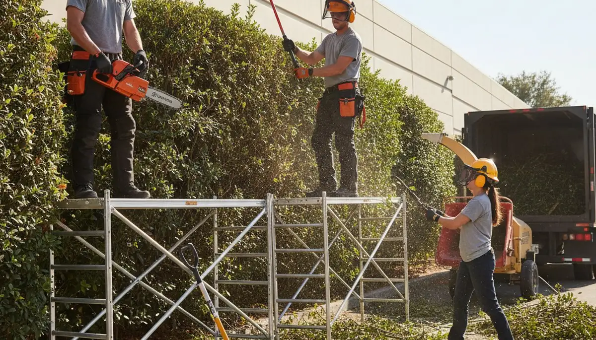 Sarasota, FL tree service crew removing overgrown shrubs for safer, cleaner yards