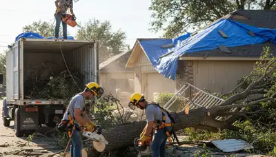 Storm damage tree cleanup crew removing fallen branches in Sarasota, FL