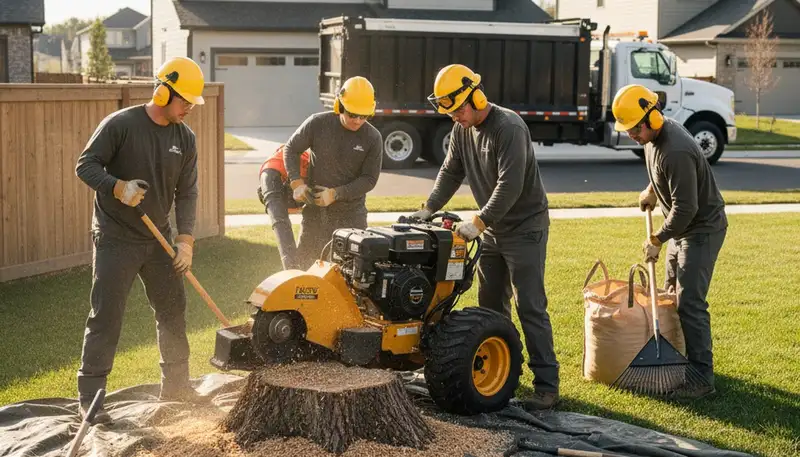Sarasota, FL tree service crew removing a stump for stump removal service
