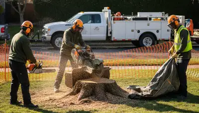 Sarasota, FL tree service crew removing a stump from a yard for stump removal services