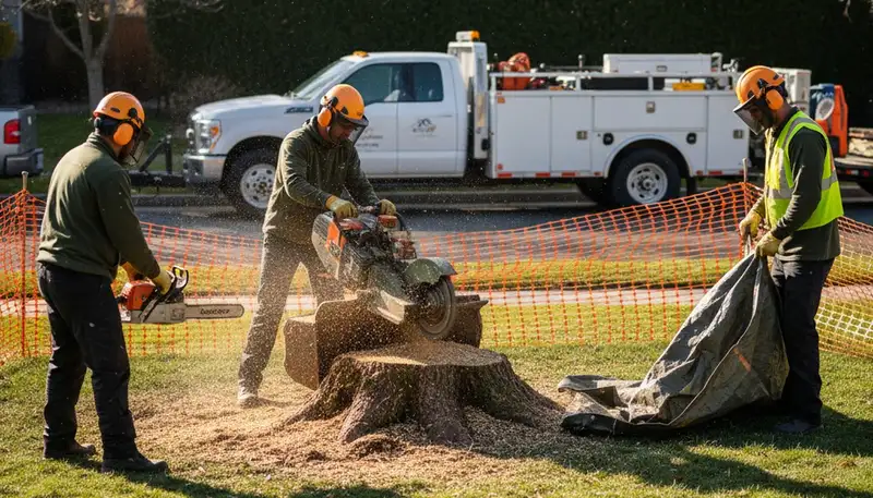Sarasota, FL tree service crew removing a stump from a yard for stump removal services
