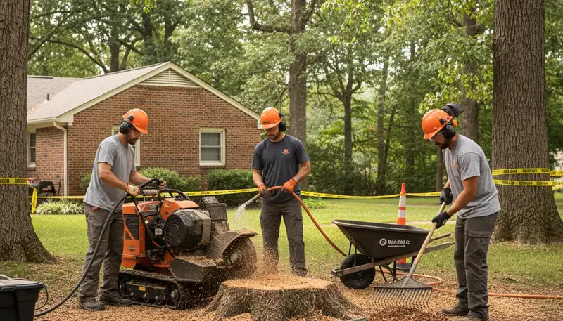 Sarasota, FL tree service crew removing a stump from a yard for stump removal services