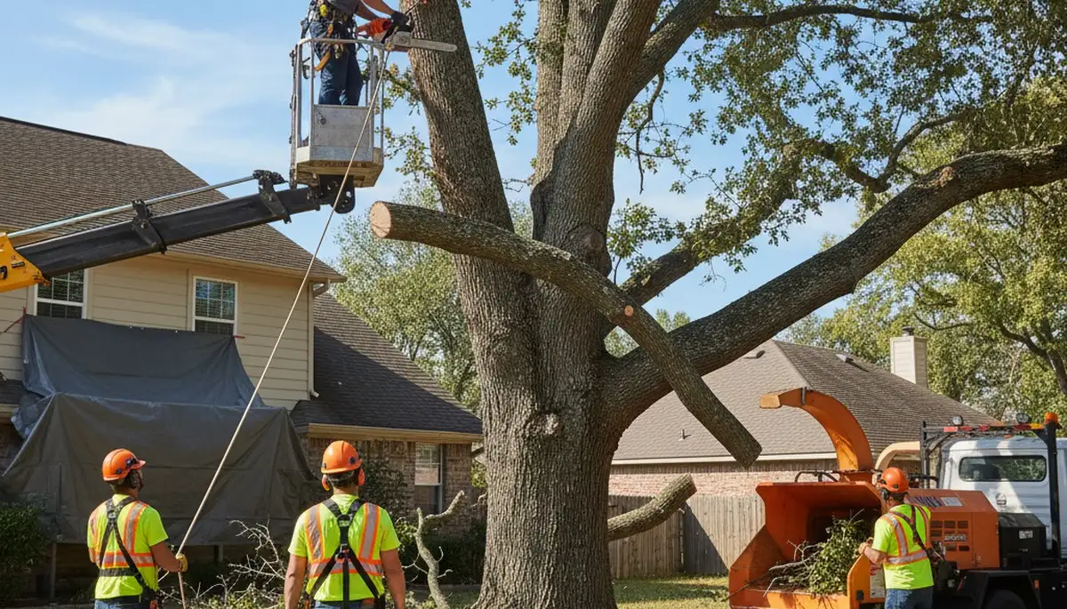 Sarasota, FL tree removal crew safely removing a damaged tree from a residential property