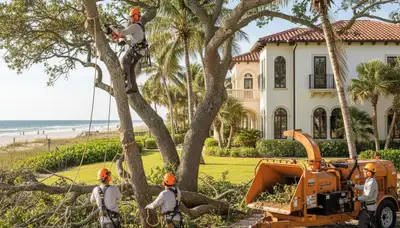 Tree service crew in Sarasota, FL performing professional tree trimming and removal for a home