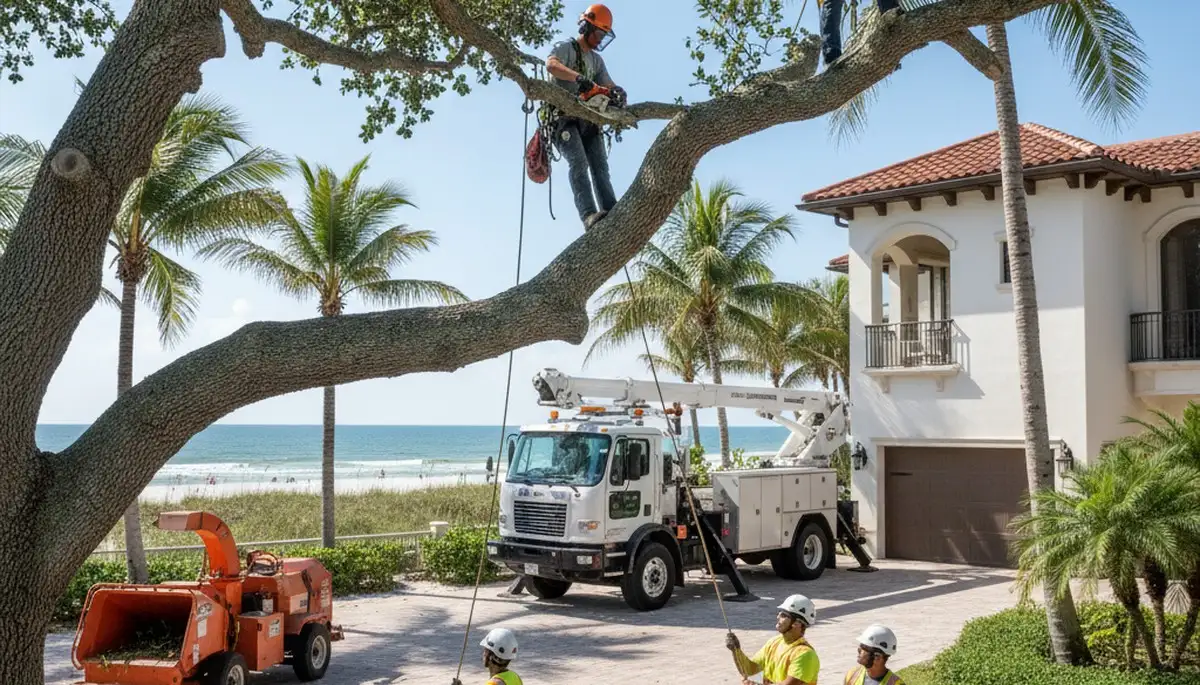 Tree service crew trimming trees in Sarasota, FL for safe residential property maintenance
