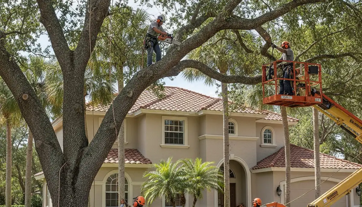 Tree service crew working in Sarasota, FL on professional tree trimming and removal services