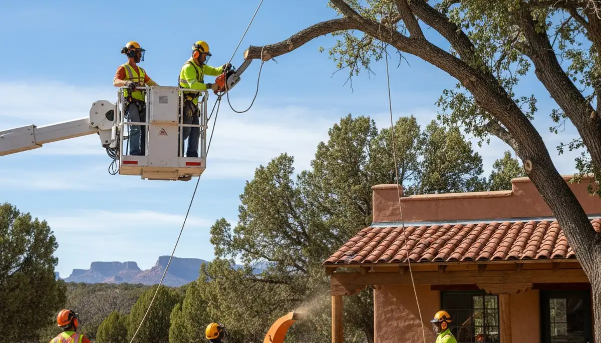 Tree service crew trimming a tree in Sarasota, FL