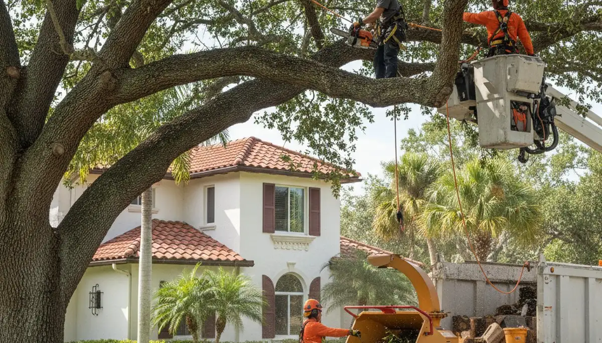 Sarasota, FL tree service crew trimming and removing trees for residential property safety