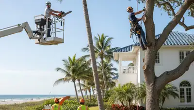 Sarasota, FL tree service crew trimming and removing trees for safe, professional property care