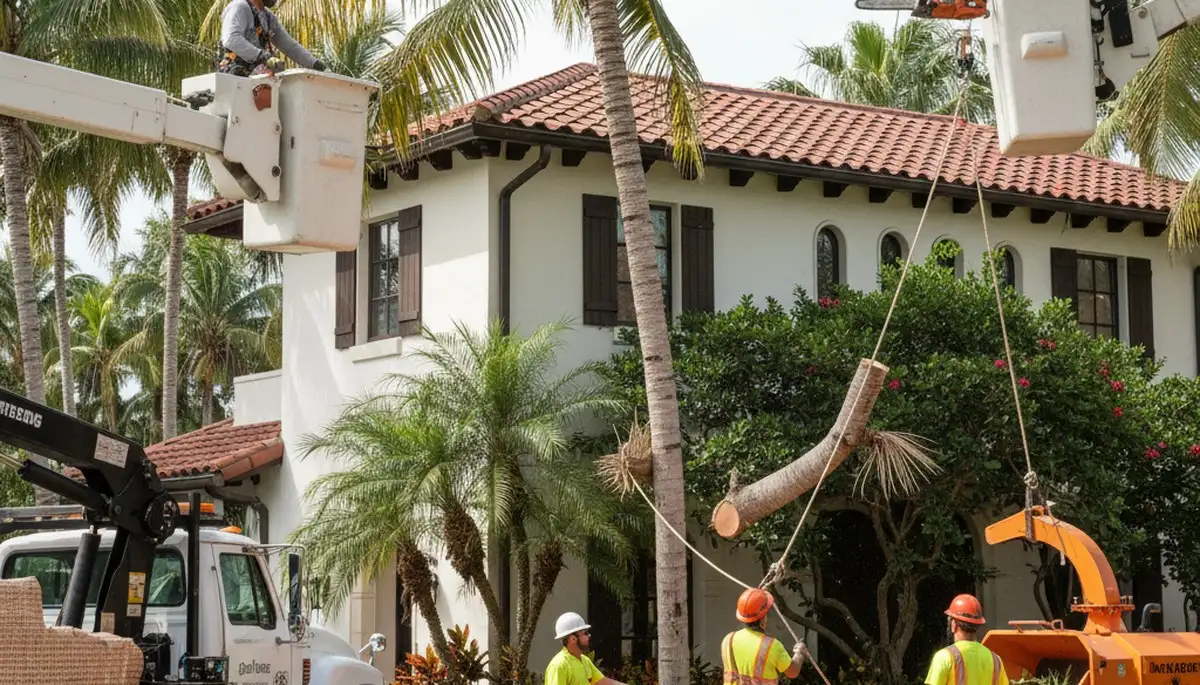 Tree service crew in Sarasota, FL handling safe tree trimming and removal for a local property